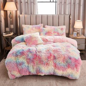 Shaggy Fluffy Faux Fur Duvet Cover Set Button Closure Velvety Bedding Se…
